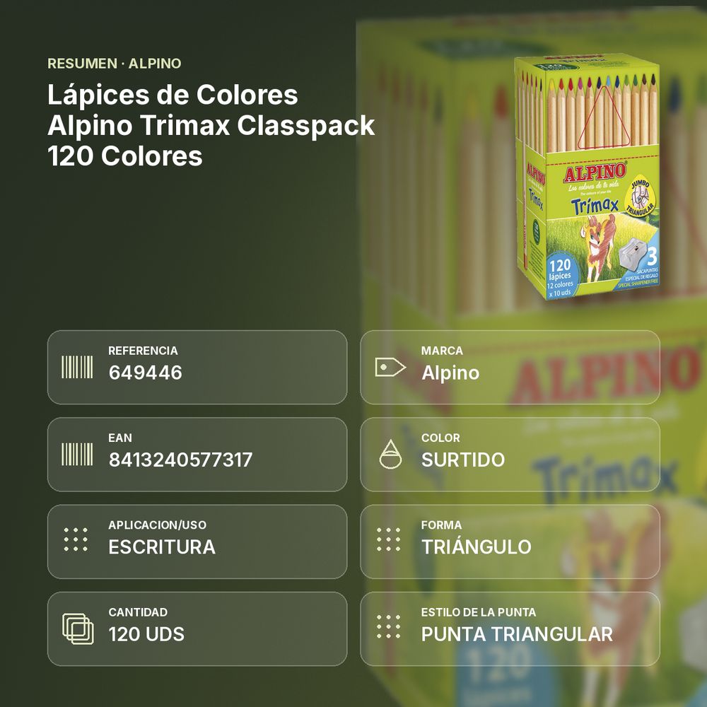 LÁPICES DE COLORES ALPINO TRIMAX CLASSPACK 120 COLORES - resumen de atributos
