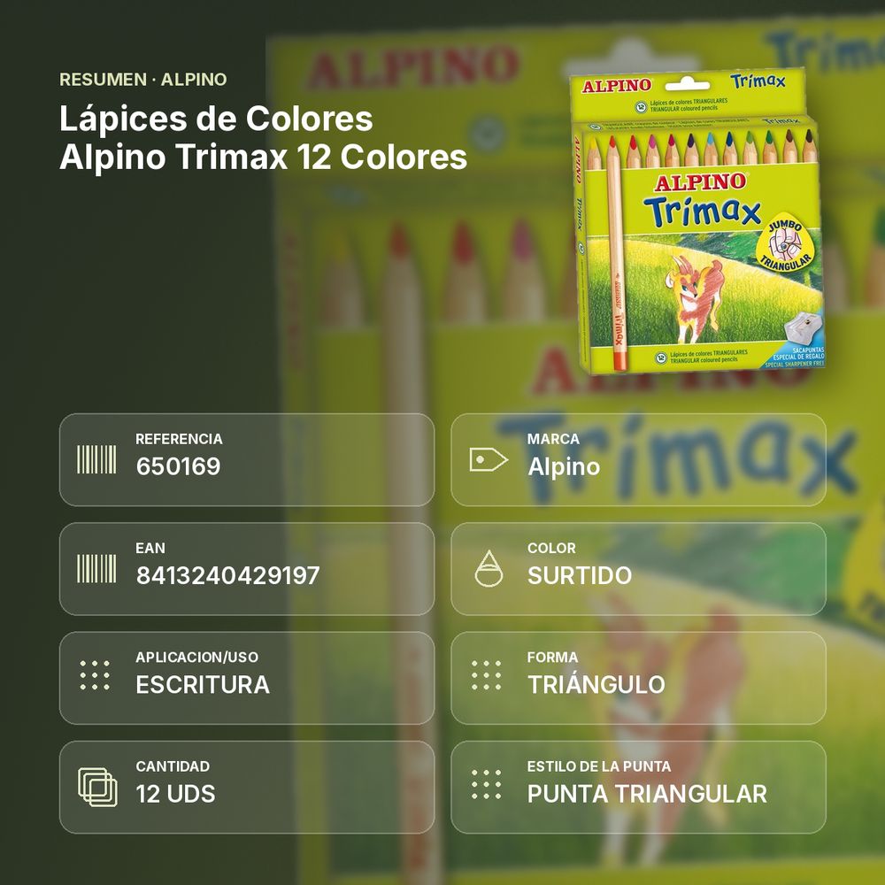 LÁPICES DE COLORES ALPINO TRIMAX 12 COLORES - resumen de atributos