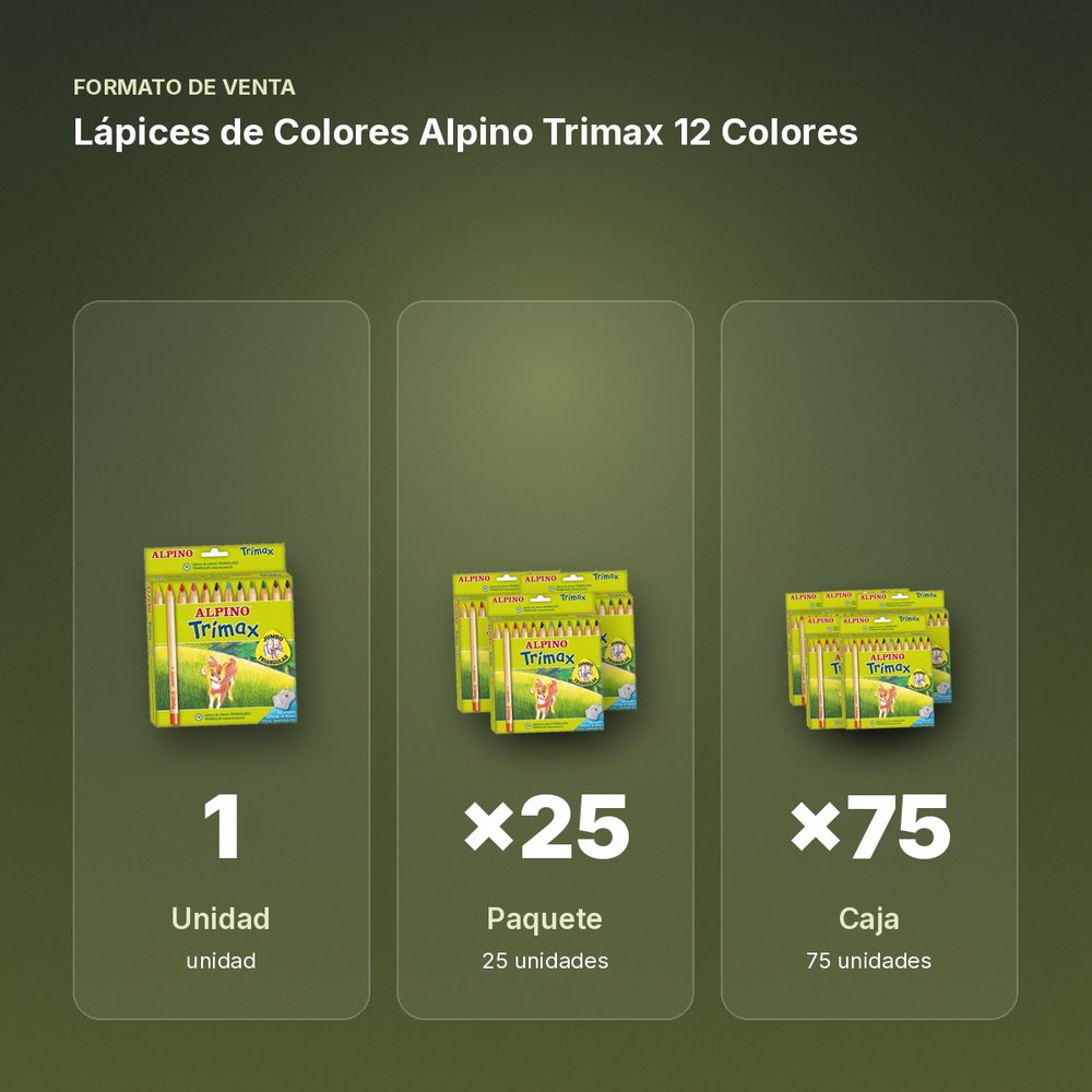 LÁPICES DE COLORES ALPINO TRIMAX 12 COLORES - formato de venta: paquete de 25, caja de 75