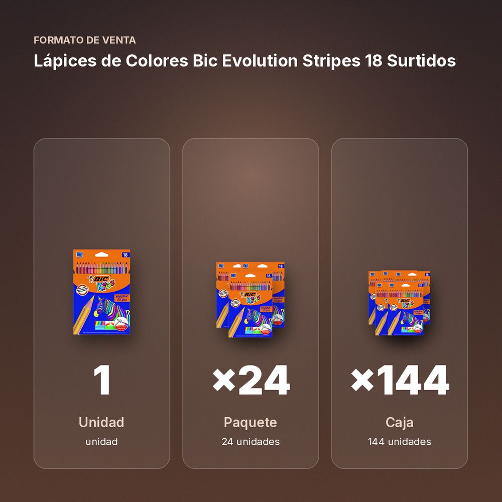 LÁPICES DE COLORES BIC EVOLUTION STRIPES 18 SURTIDOS - formato de venta: paquete de 24, caja de 144