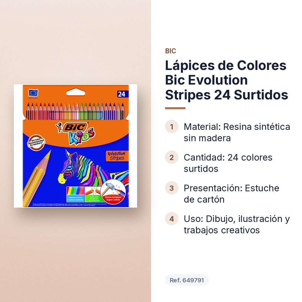 LÁPICES DE COLORES BIC EVOLUTION STRIPES 24 SURTIDOS - características principales