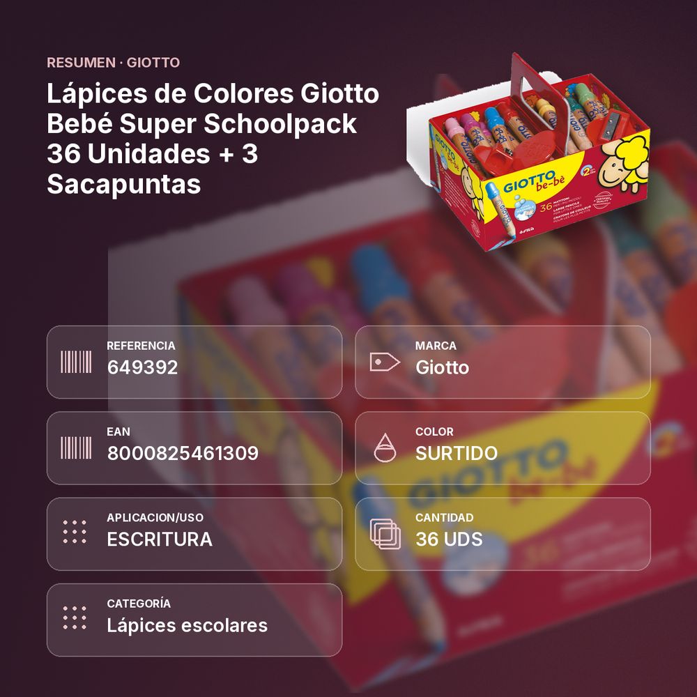 LÁPICES DE COLORES GIOTTO BEBÉ SUPER SCHOOLPACK 36 UNIDADES + 3 SACAPUNTAS - resumen de atributos