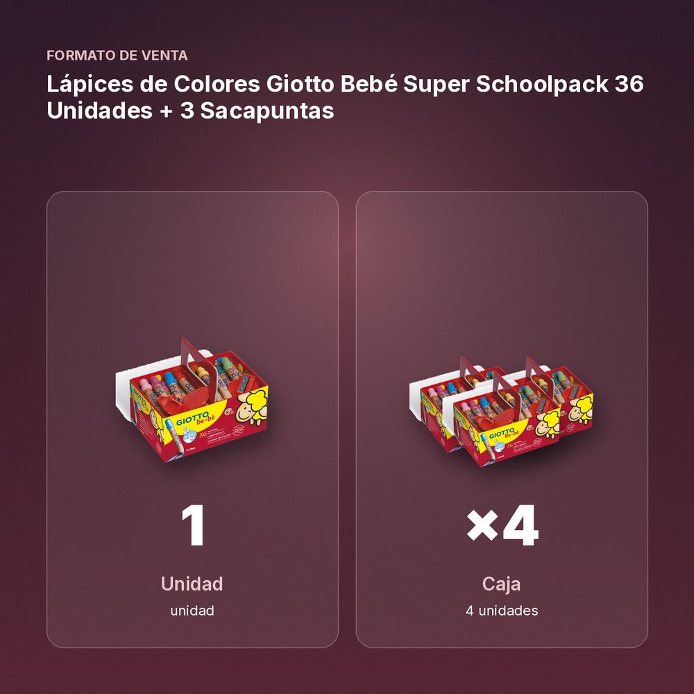 LÁPICES DE COLORES GIOTTO BEBÉ SUPER SCHOOLPACK 36 UNIDADES + 3 SACAPUNTAS - formato de venta: caja de 4