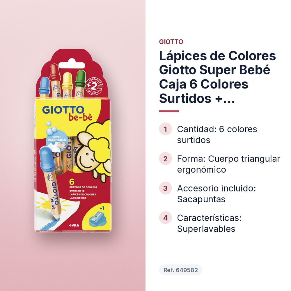 LÁPICES DE COLORES GIOTTO SUPER BEBÉ CAJA 6 COLORES SURTIDOS + SACAPUNTAS - características principales