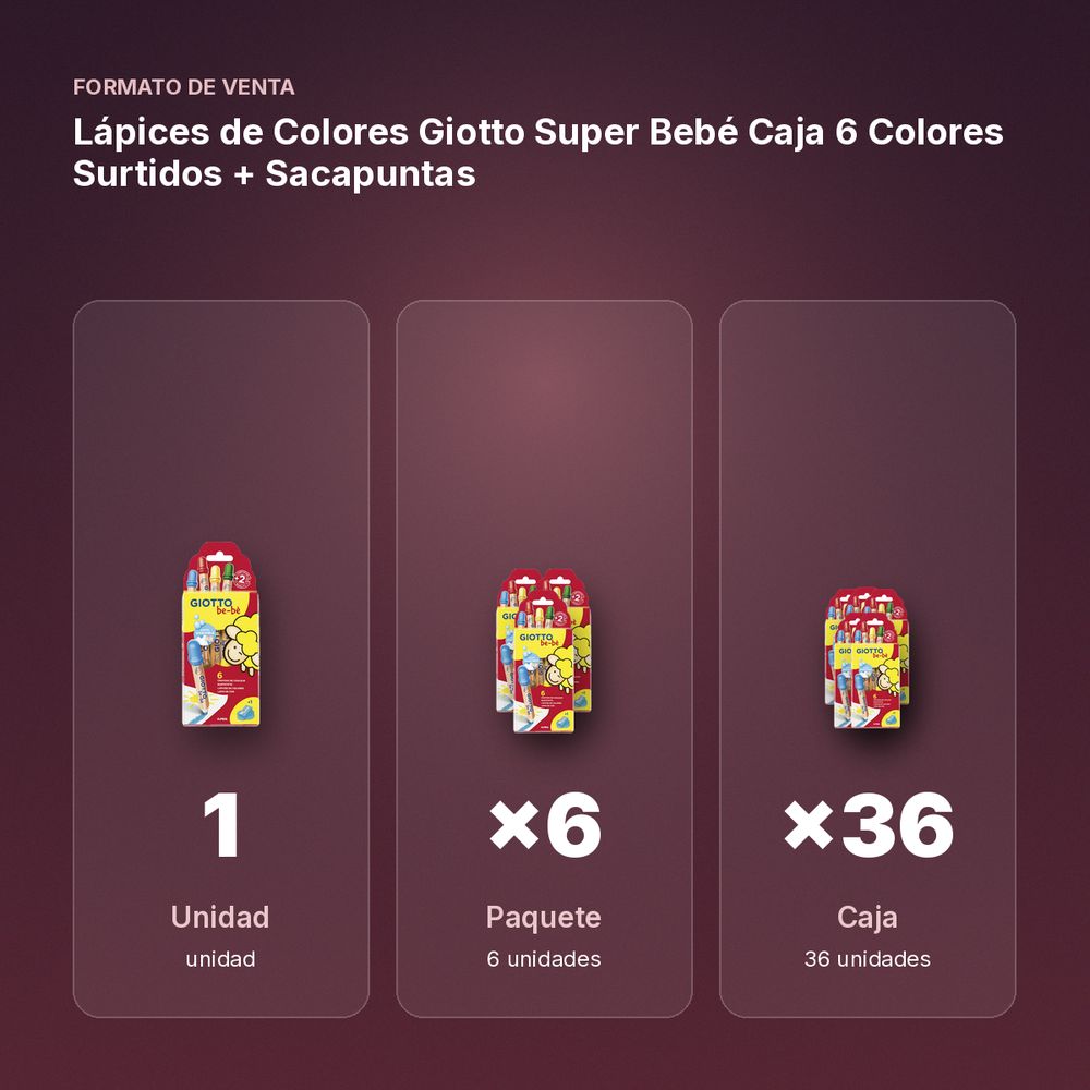 LÁPICES DE COLORES GIOTTO SUPER BEBÉ CAJA 6 COLORES SURTIDOS + SACAPUNTAS - formato de venta: paquete de 6, caja de 36