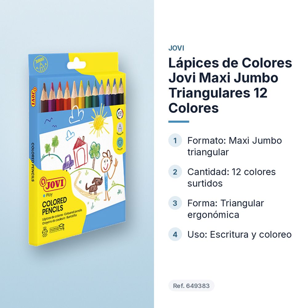 LÁPICES DE COLORES JOVI MAXI JUMBO TRIANGULARES 12 COLORES - características principales