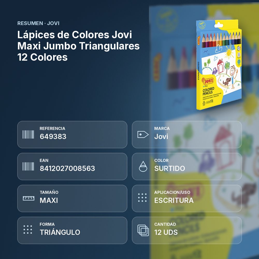 LÁPICES DE COLORES JOVI MAXI JUMBO TRIANGULARES 12 COLORES - resumen de atributos