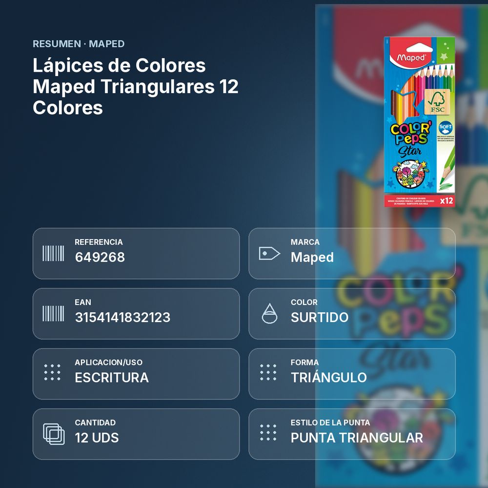 LÁPICES DE COLORES MAPED TRIANGULARES 12 COLORES - resumen de atributos