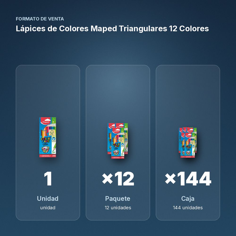 LÁPICES DE COLORES MAPED TRIANGULARES 12 COLORES - formato de venta: paquete de 12, caja de 144