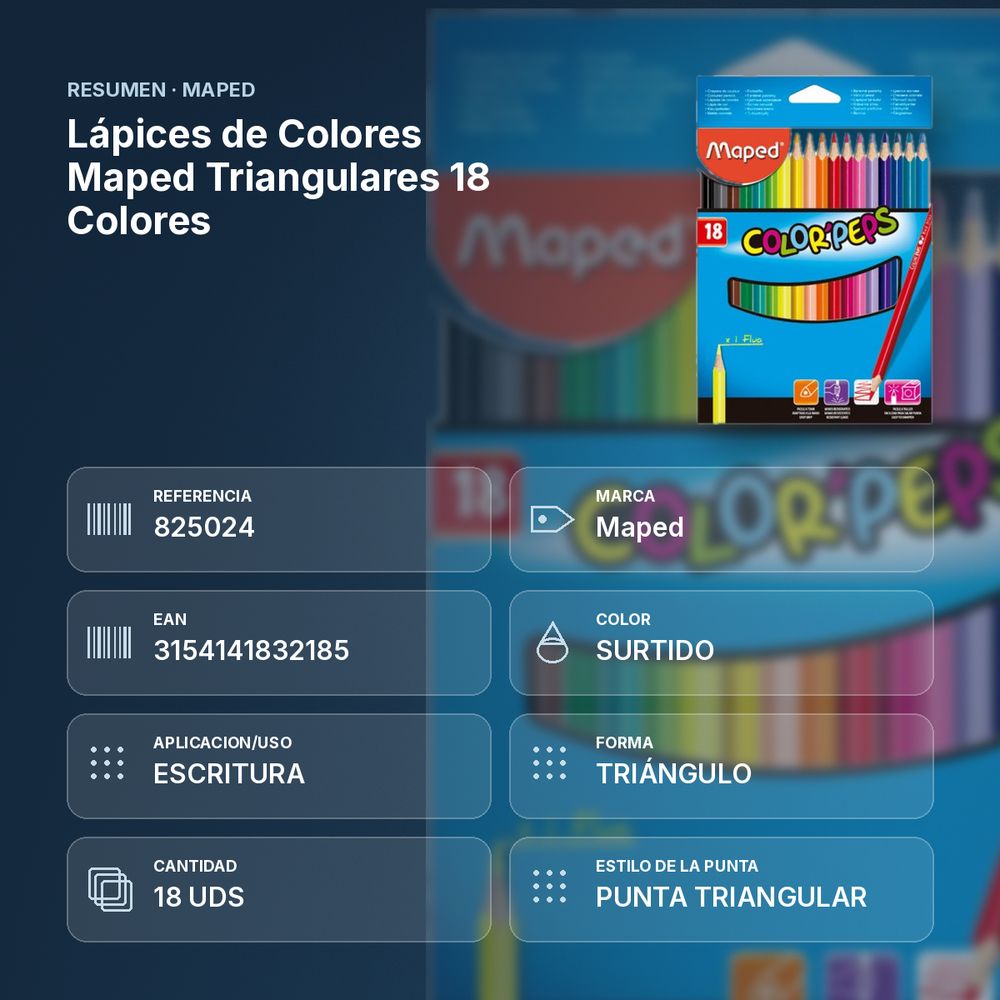 LÁPICES DE COLORES MAPED TRIANGULARES 18 COLORES - resumen de atributos