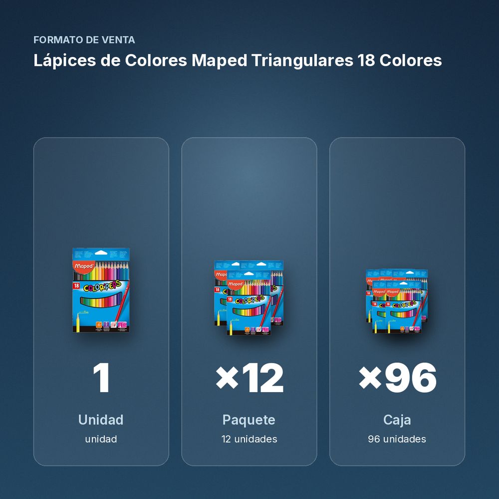 LÁPICES DE COLORES MAPED TRIANGULARES 18 COLORES - formato de venta: paquete de 12, caja de 96