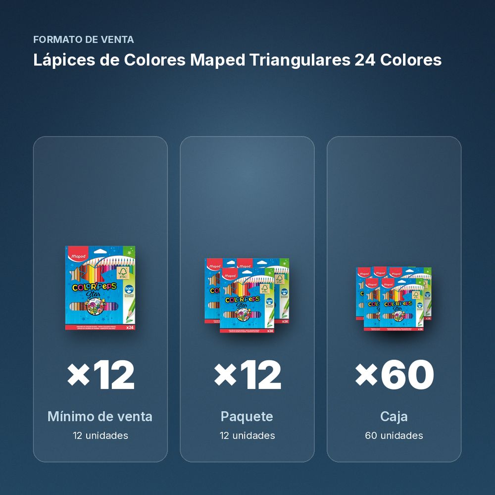 LÁPICES DE COLORES MAPED TRIANGULARES 24 COLORES - formato de venta: paquete de 12, caja de 60