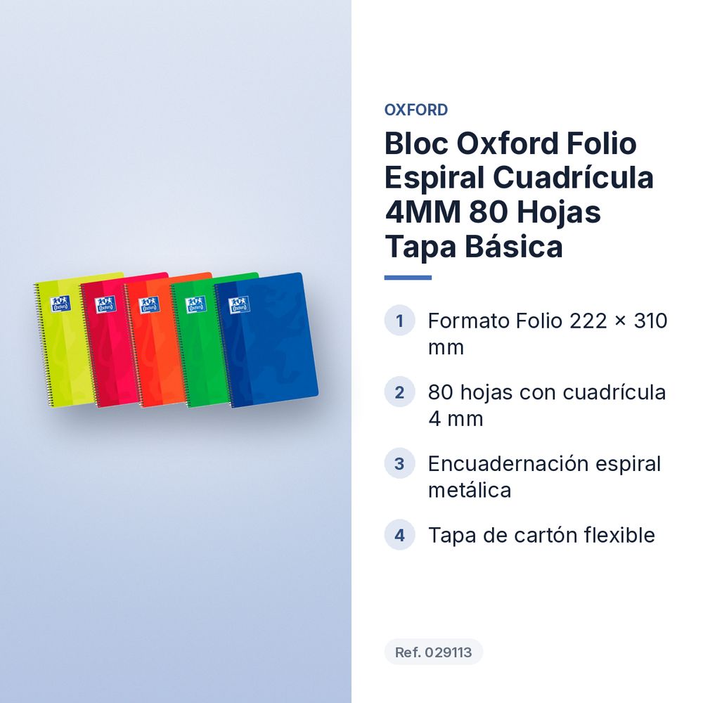 BLOC OXFORD FOLIO ESPIRAL CUADRÍCULA 4MM 80 HOJAS TAPA BÁSICA - características principales