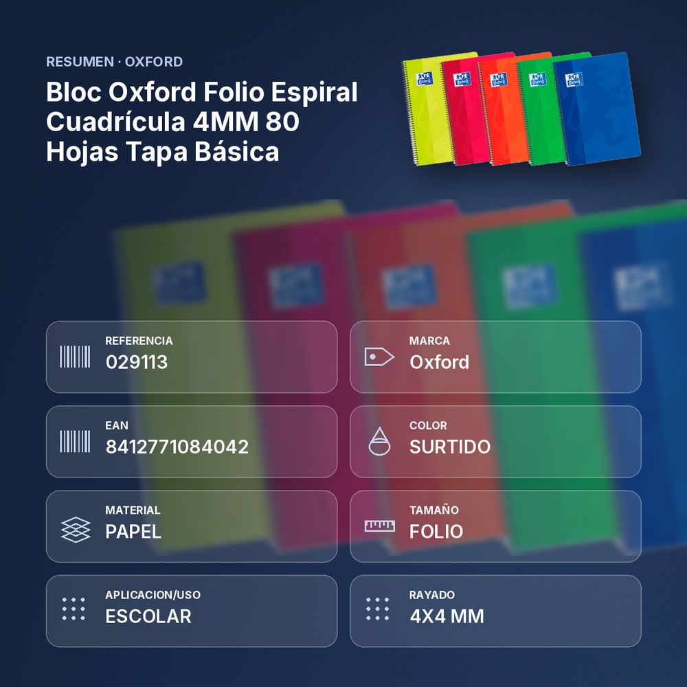 BLOC OXFORD FOLIO ESPIRAL CUADRÍCULA 4MM 80 HOJAS TAPA BÁSICA - resumen de atributos