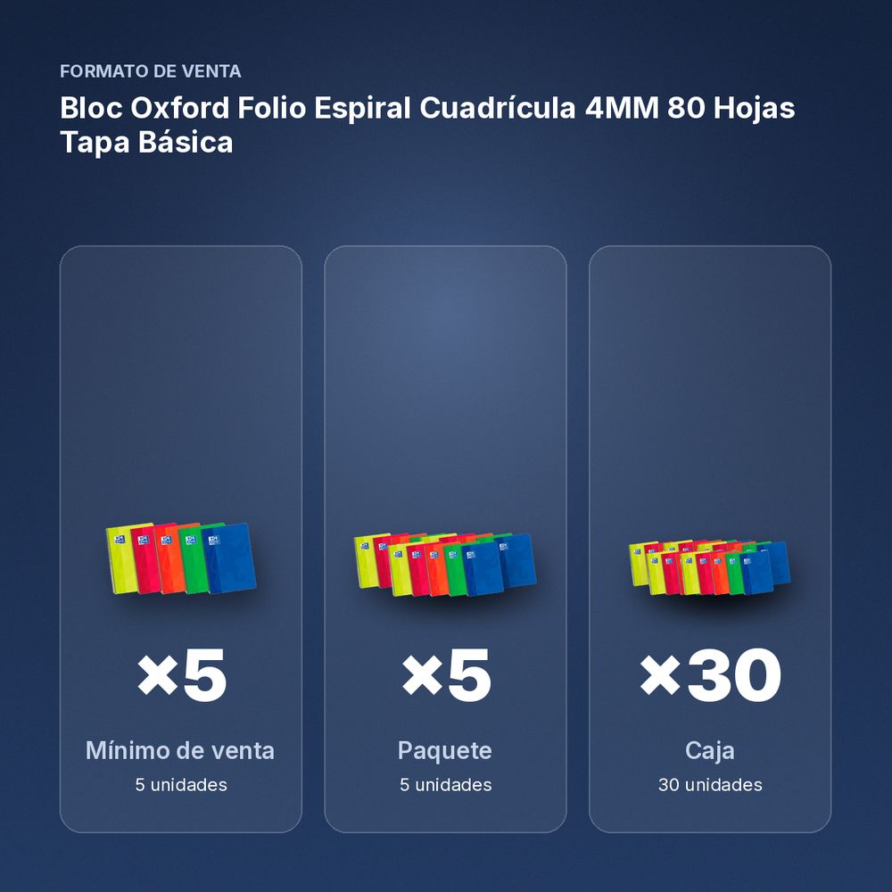 BLOC OXFORD FOLIO ESPIRAL CUADRÍCULA 4MM 80 HOJAS TAPA BÁSICA - formato de venta: paquete de 5, caja de 30, palé de 900