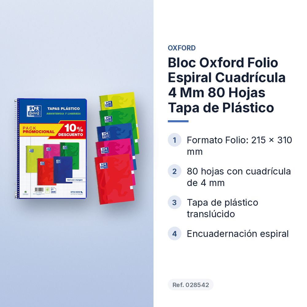 BLOC OXFORD FOLIO ESPIRAL CUADRÍCULA 4 MM 80 HOJAS TAPA DE PLÁSTICO - características principales
