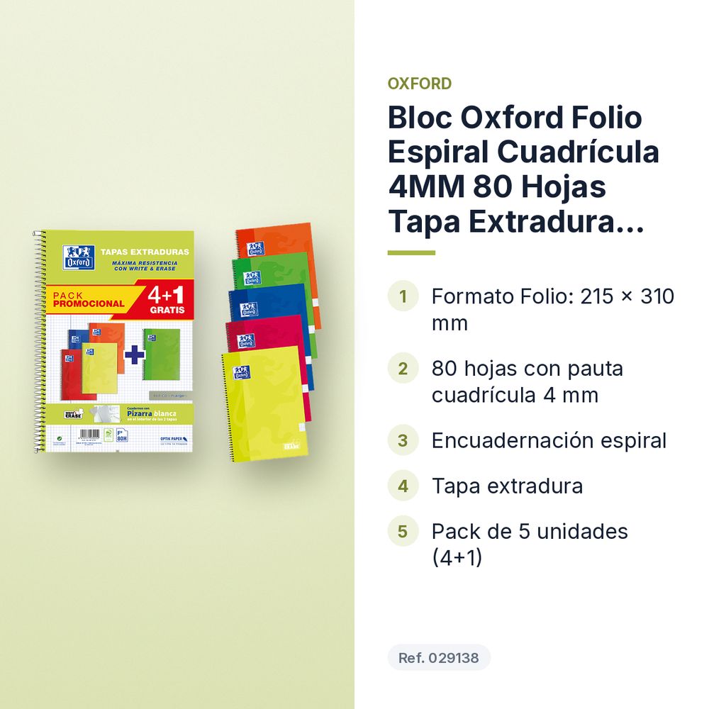 BLOC OXFORD FOLIO ESPIRAL CUADRÍCULA 4MM 80 HOJAS TAPA EXTRADURA PACK 4+1 - características principales