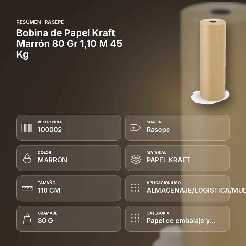 BOBINA DE PAPEL KRAFT MARRÓN 80 GR 1,10 M 45 KG  - resumen de atributos