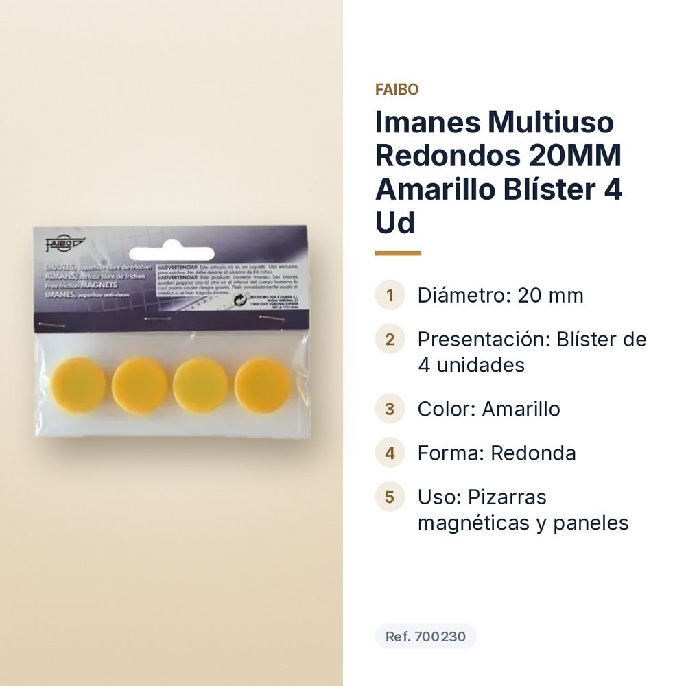 IMANES MULTIUSO REDONDOS 20MM AMARILLO BLÍSTER 4 UD - características principales