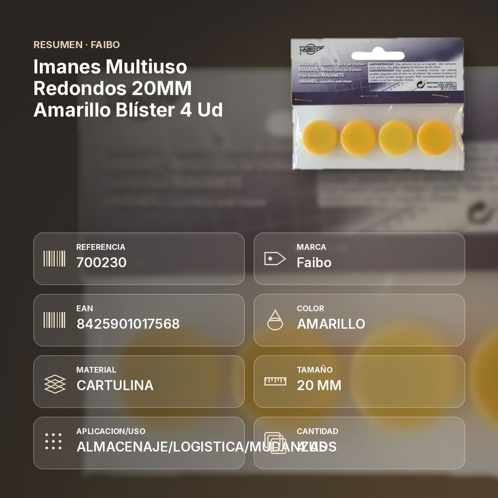IMANES MULTIUSO REDONDOS 20MM AMARILLO BLÍSTER 4 UD - resumen de atributos