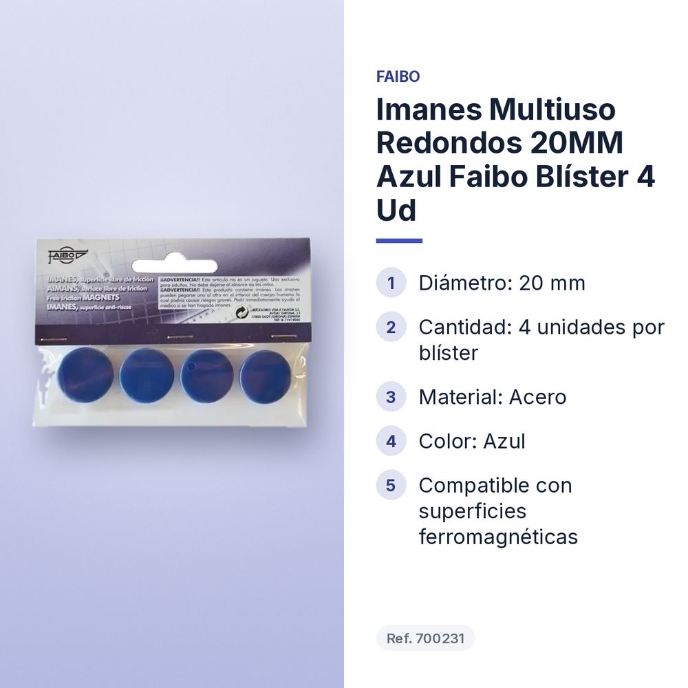 IMANES MULTIUSO REDONDOS 20MM AZUL FAIBO BLÍSTER 4 UD - características principales