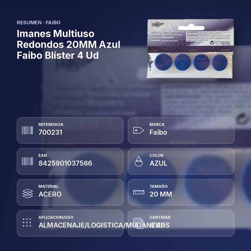 IMANES MULTIUSO REDONDOS 20MM AZUL FAIBO BLÍSTER 4 UD - resumen de atributos