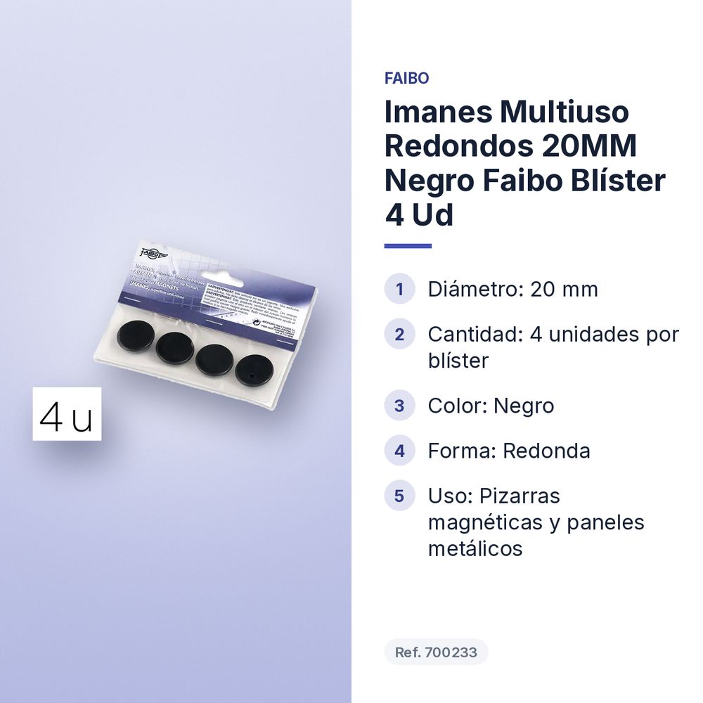 IMANES MULTIUSO REDONDOS 20MM NEGRO FAIBO BLÍSTER 4 UD - características principales