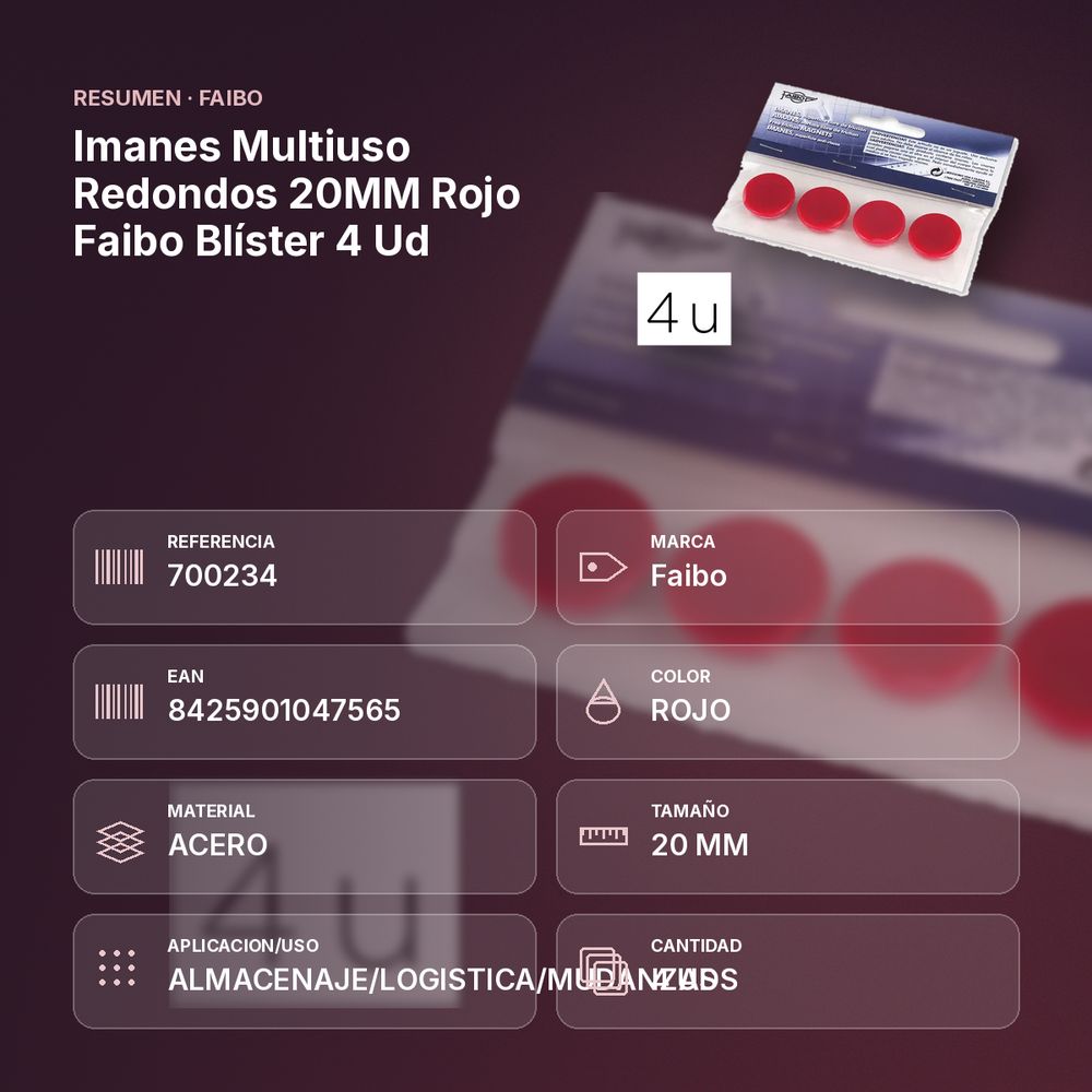 IMANES MULTIUSO REDONDOS 20MM ROJO FAIBO BLÍSTER 4 UD - resumen de atributos