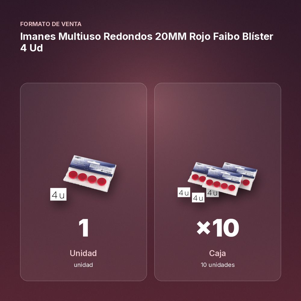 IMANES MULTIUSO REDONDOS 20MM ROJO FAIBO BLÍSTER 4 UD - formato de venta: caja de 10