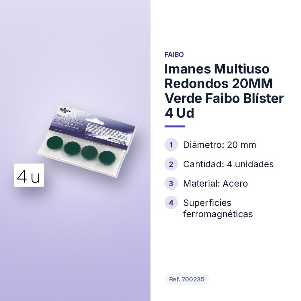 IMANES MULTIUSO REDONDOS 20MM VERDE FAIBO BLÍSTER 4 UD - características principales