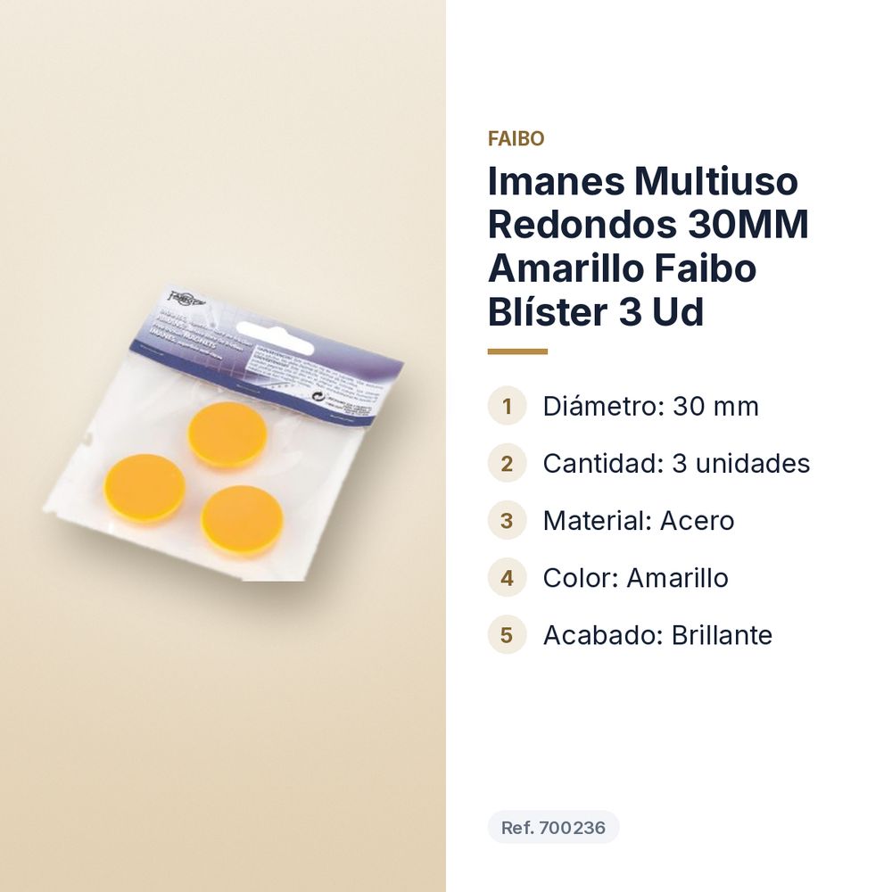 IMANES MULTIUSO REDONDOS 30MM AMARILLO FAIBO BLÍSTER 3 UD - características principales