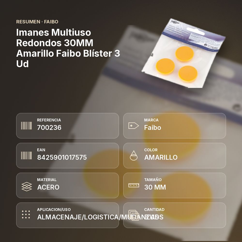 IMANES MULTIUSO REDONDOS 30MM AMARILLO FAIBO BLÍSTER 3 UD - resumen de atributos