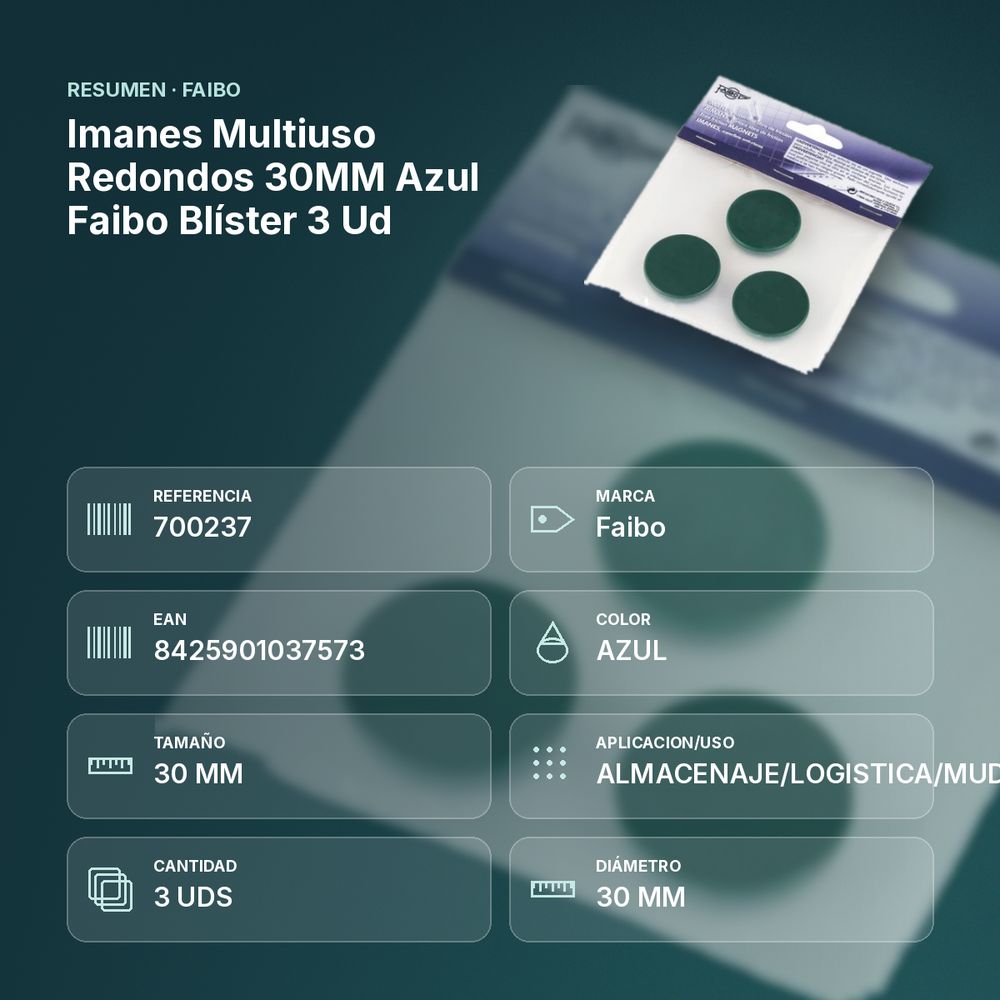 IMANES MULTIUSO REDONDOS 30MM AZUL FAIBO BLÍSTER 3 UD - resumen de atributos