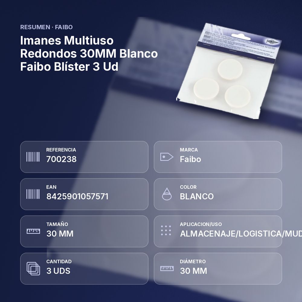 IMANES MULTIUSO REDONDOS 30MM BLANCO FAIBO BLÍSTER 3 UD - resumen de atributos