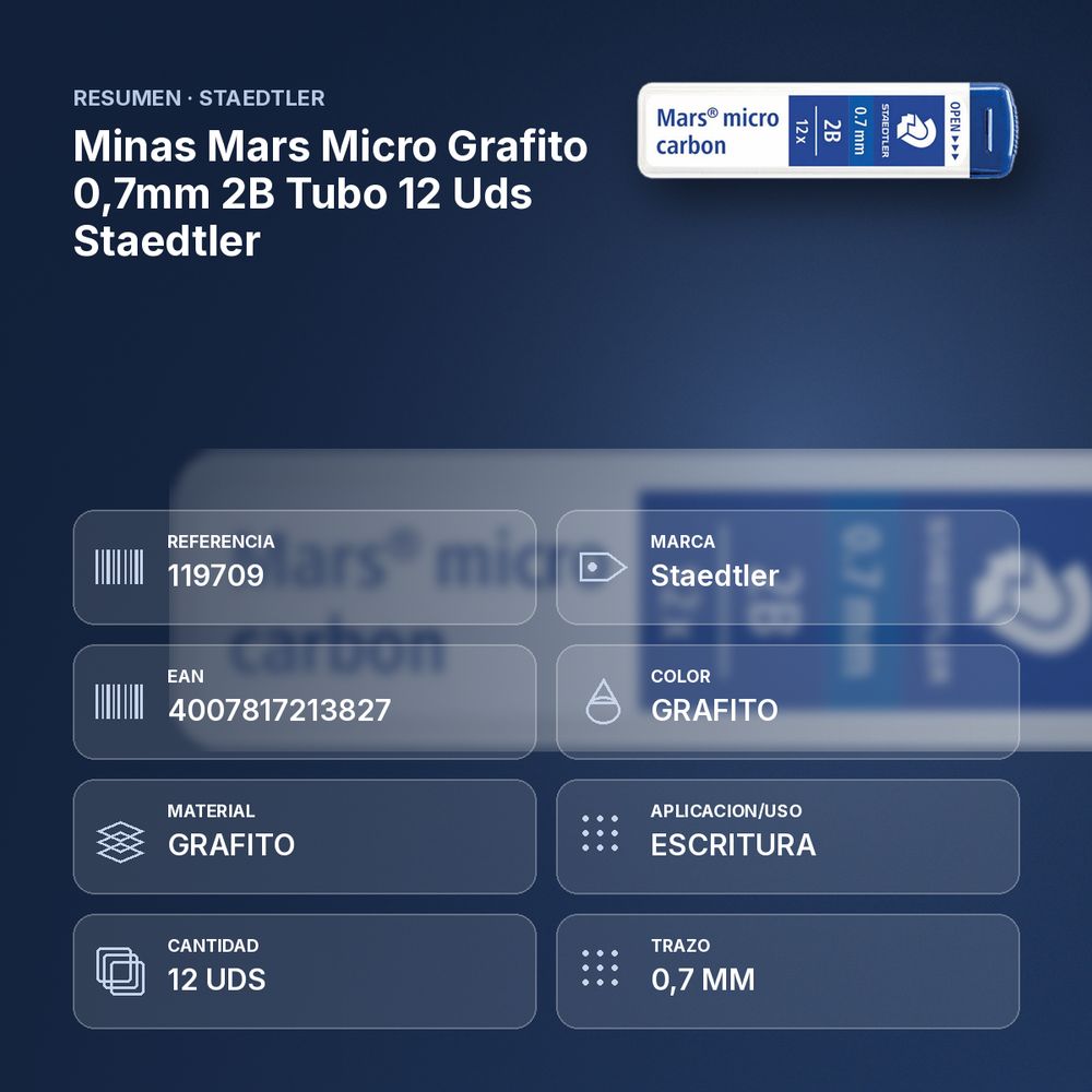MINAS MARS MICRO GRAFITO 0,7MM 2B TUBO 12 UDS STAEDTLER - resumen de atributos