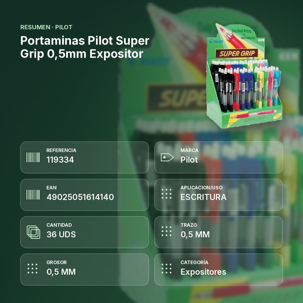 PORTAMINAS PILOT SUPER GRIP 0,5MM EXPOSITOR - resumen de atributos