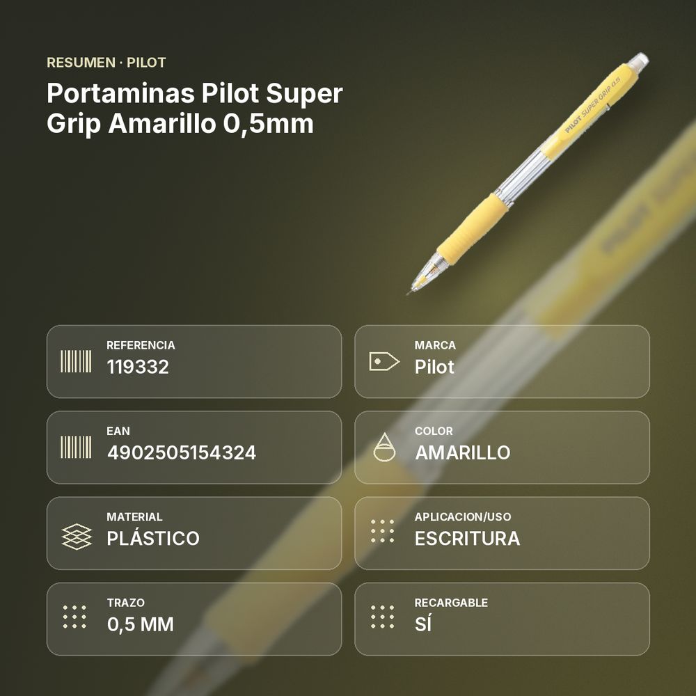 PORTAMINAS PILOT SUPER GRIP AMARILLO 0,5MM - resumen de atributos