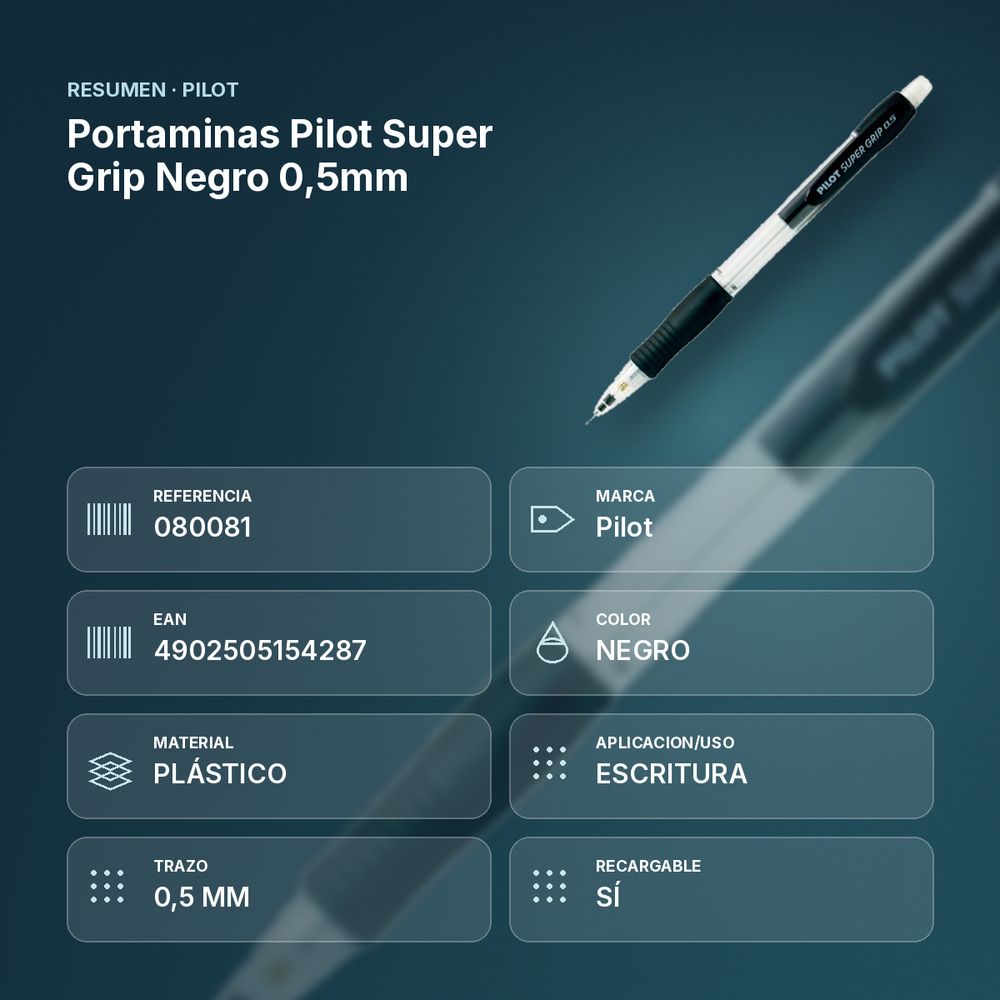 PORTAMINAS PILOT SUPER GRIP NEGRO 0,5MM - resumen de atributos