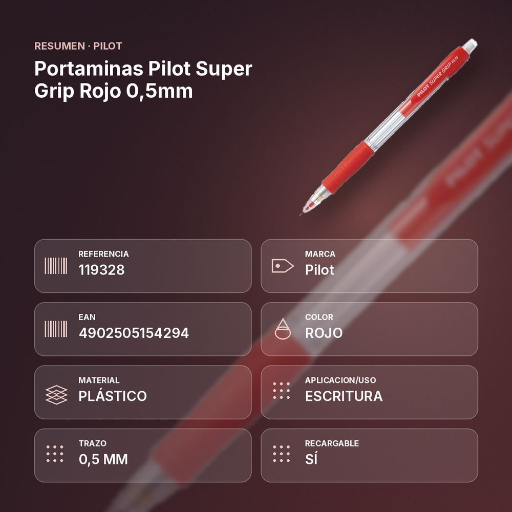 PORTAMINAS PILOT SUPER GRIP ROJO 0,5MM - resumen de atributos