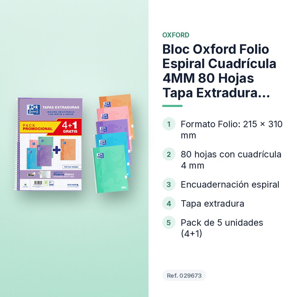 BLOC OXFORD FOLIO ESPIRAL CUADRÍCULA 4MM 80 HOJAS TAPA EXTRADURA PACK 4+1 - características principales