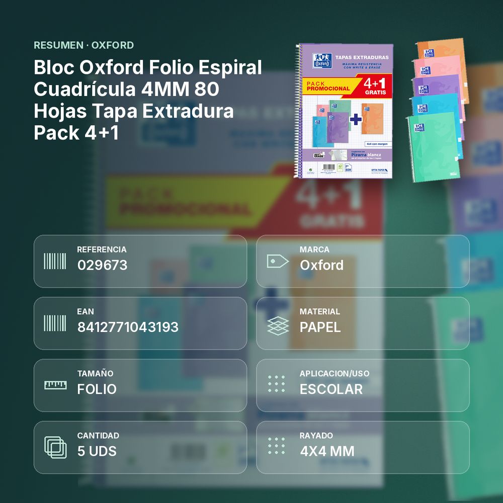 BLOC OXFORD FOLIO ESPIRAL CUADRÍCULA 4MM 80 HOJAS TAPA EXTRADURA PACK 4+1 - resumen de atributos