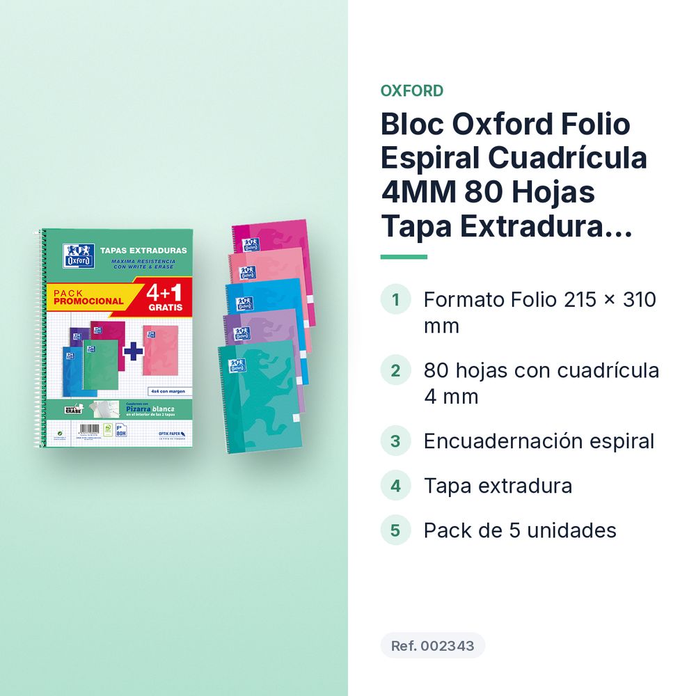 BLOC OXFORD FOLIO ESPIRAL CUADRÍCULA 4MM 80 HOJAS TAPA EXTRADURA PACK 4+1 - características principales