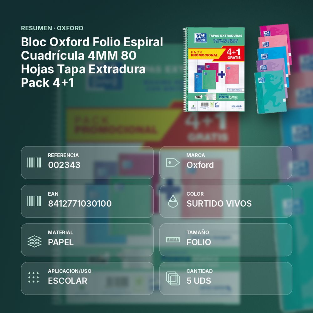 BLOC OXFORD FOLIO ESPIRAL CUADRÍCULA 4MM 80 HOJAS TAPA EXTRADURA PACK 4+1 - resumen de atributos