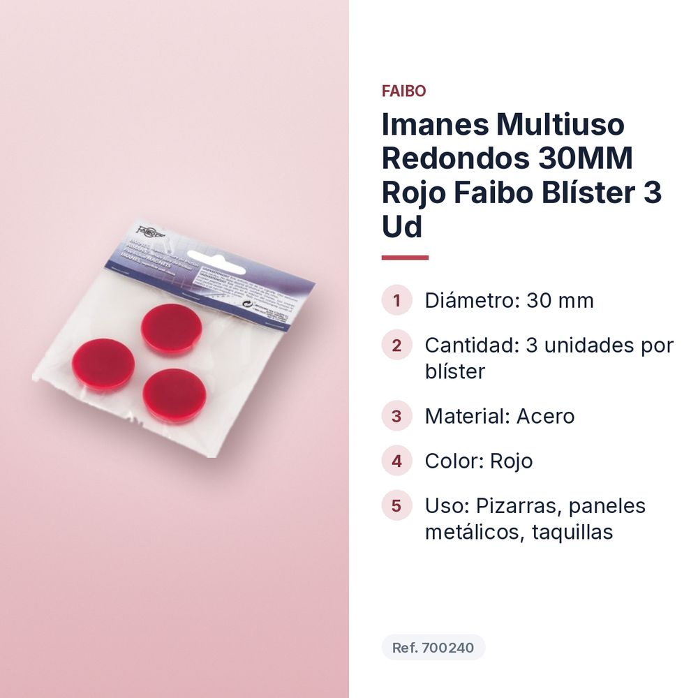IMANES MULTIUSO REDONDOS 30MM ROJO FAIBO BLÍSTER 3 UD - características principales