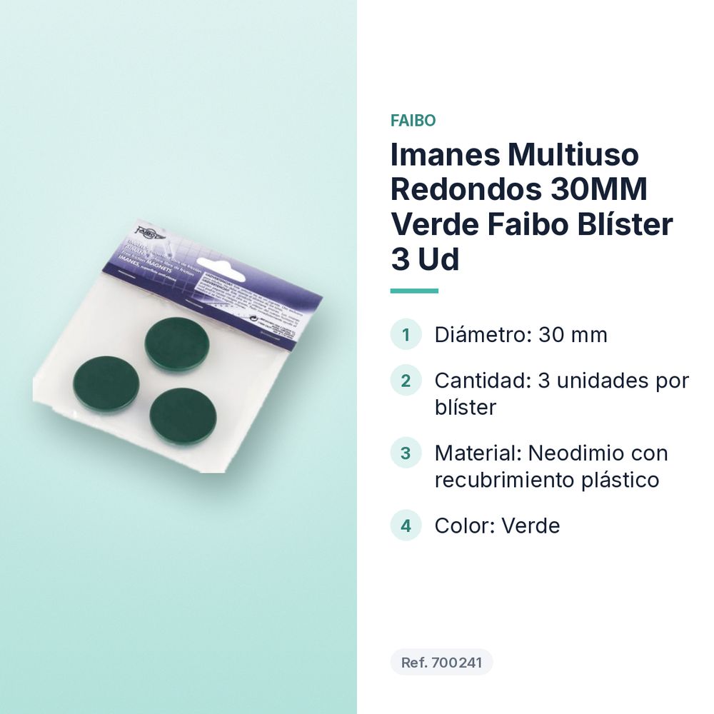 IMANES MULTIUSO REDONDOS 30MM VERDE FAIBO BLÍSTER 3 UD - características principales