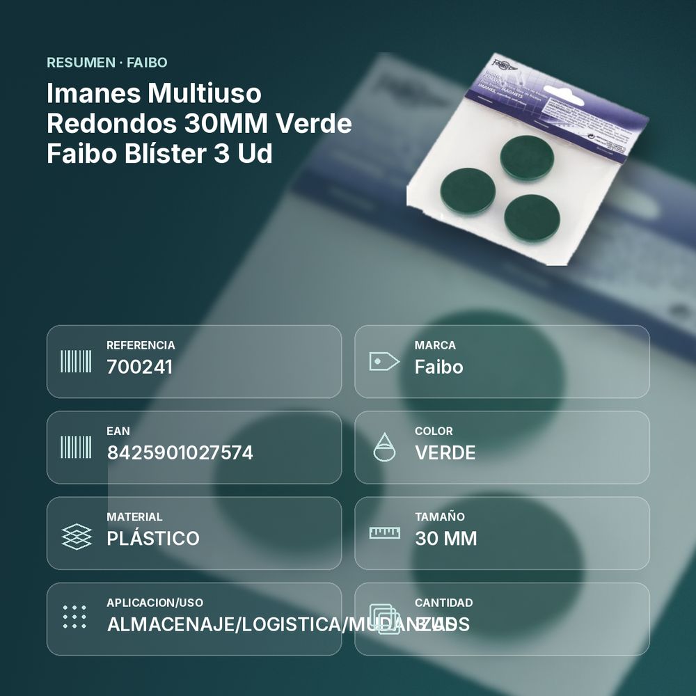 IMANES MULTIUSO REDONDOS 30MM VERDE FAIBO BLÍSTER 3 UD - resumen de atributos