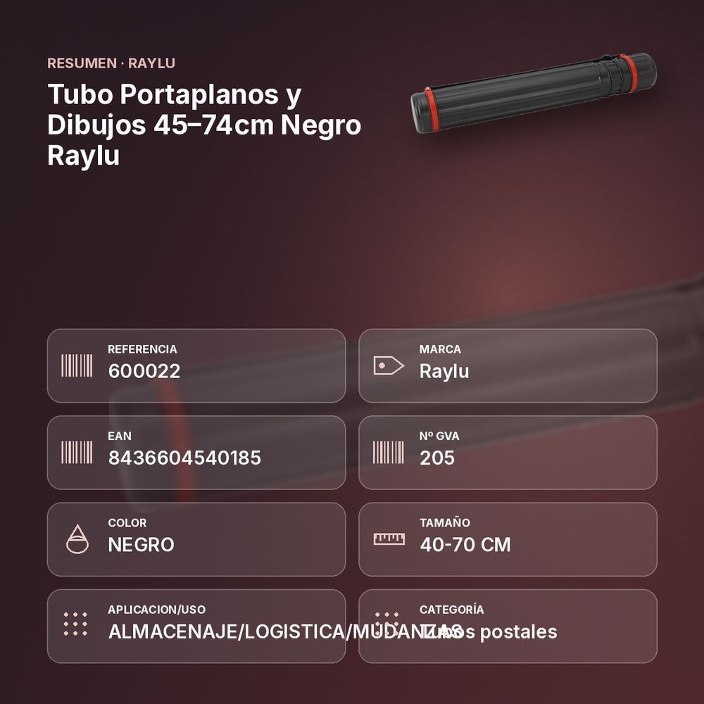 TUBO PORTAPLANOS Y DIBUJOS 45–74CM NEGRO RAYLU  - resumen de atributos