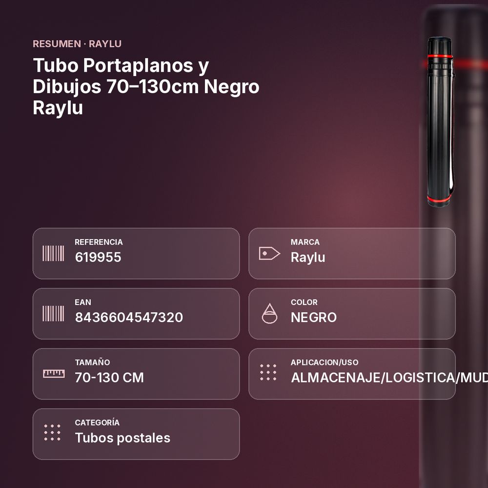 TUBO PORTAPLANOS Y DIBUJOS 70–130CM NEGRO  RAYLU - resumen de atributos