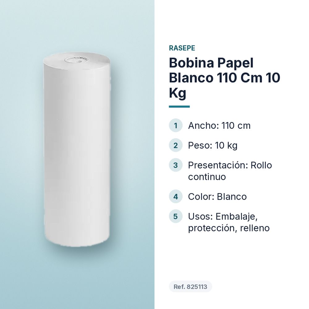 BOBINA PAPEL BLANCO 110 CM 10 KG - características principales