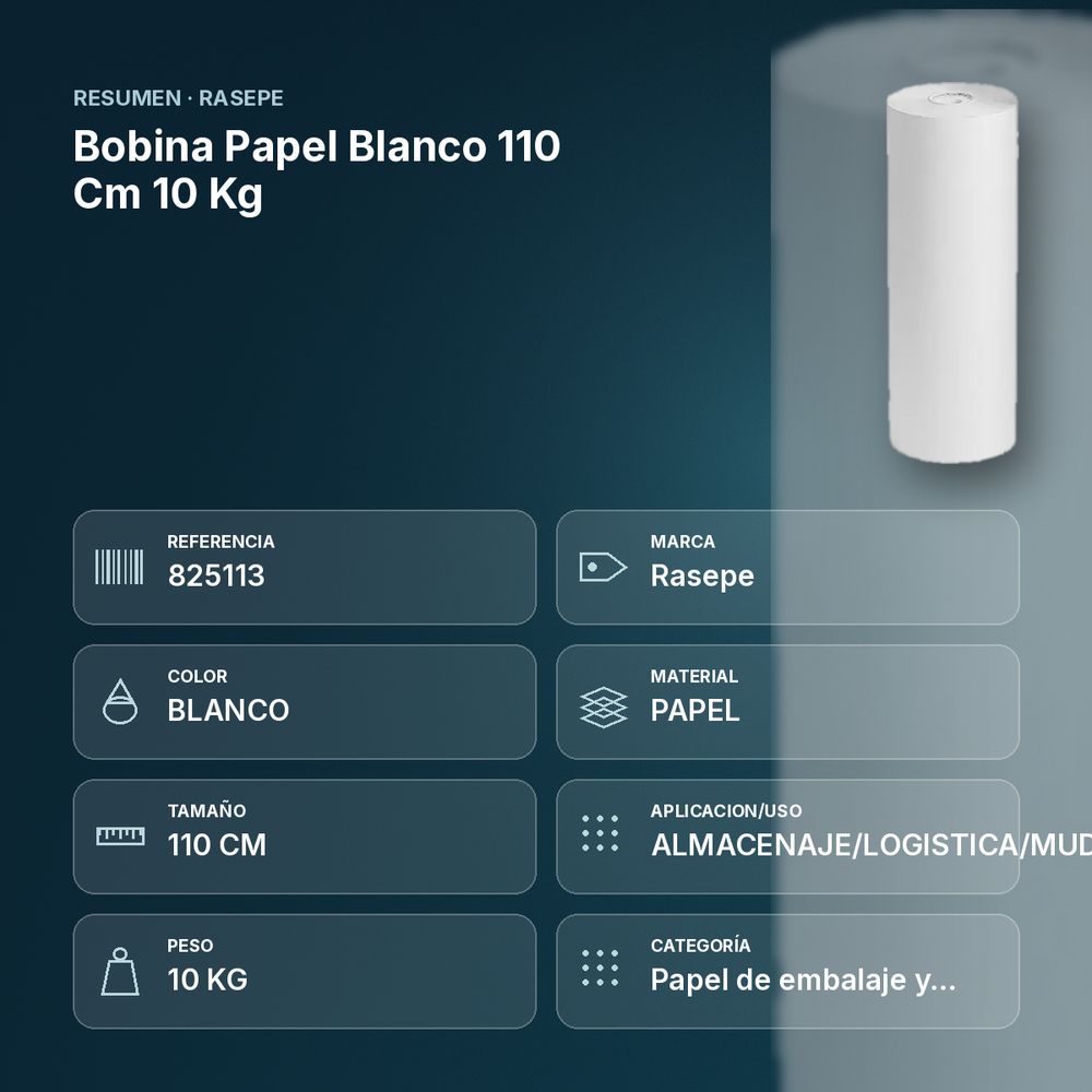 BOBINA PAPEL BLANCO 110 CM 10 KG - resumen de atributos